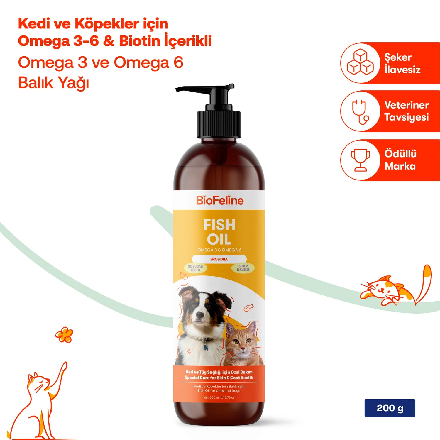 Biofeline Kedi & Köpekler İçin Omega 3-6 Somon Yağı | Tüy Dökülmesine ve Kalp Sağlığına Destek | 200ml