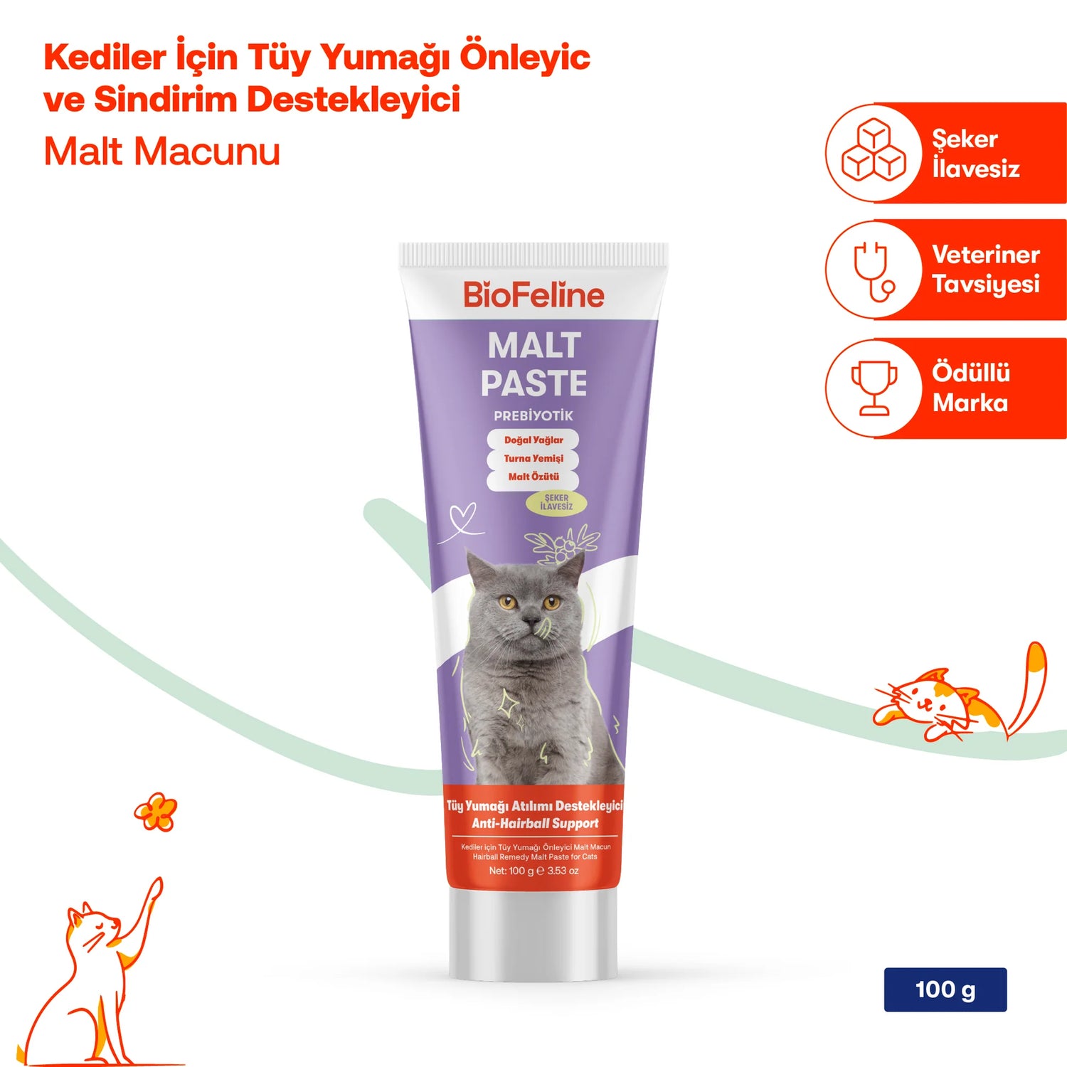 Biofeline Kediler İçin Tüy Yumağı Önleyici Malt Macunu | Anti-Hairball Doğal Destek | 100g