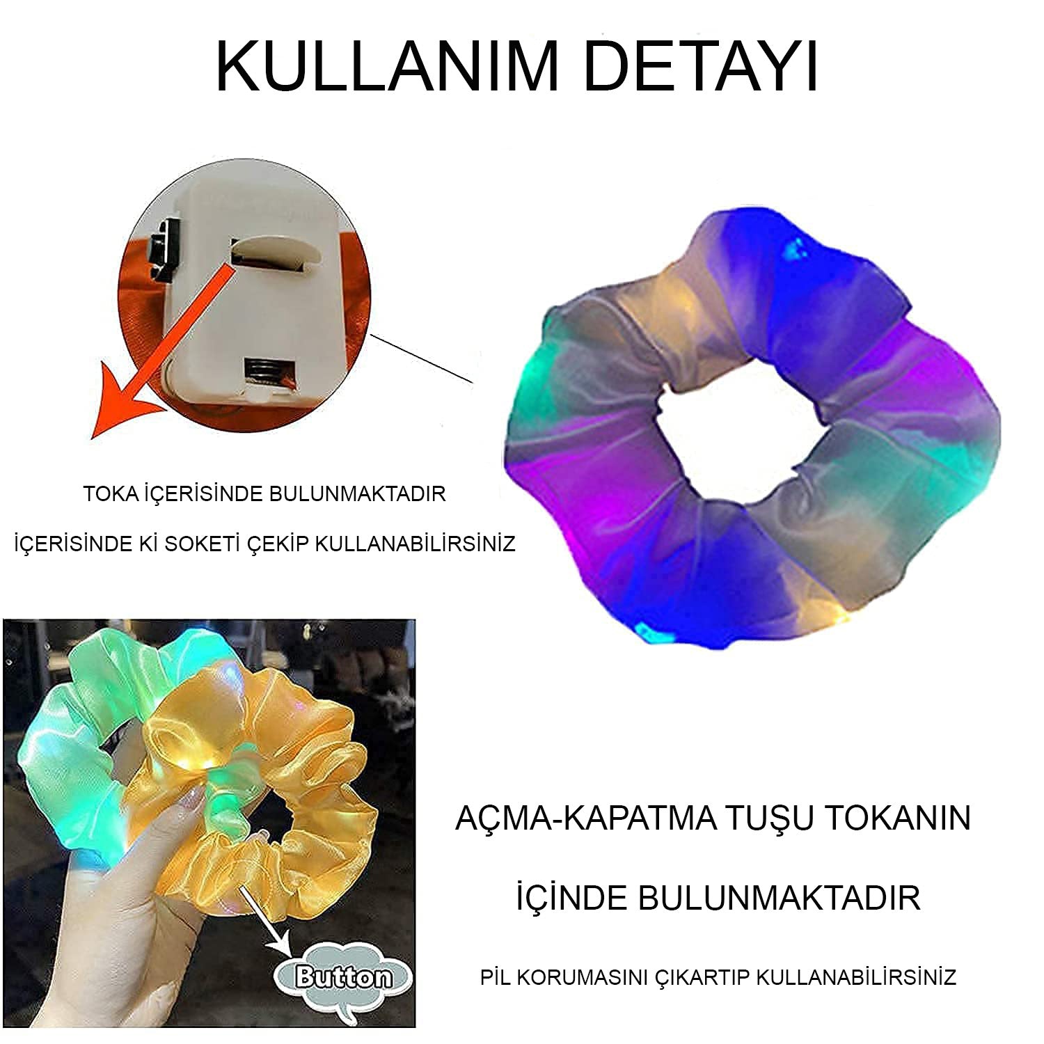 Mint Yeşili Renk LED Işıklı Lastikli Saç Tokası - 3 Modlu