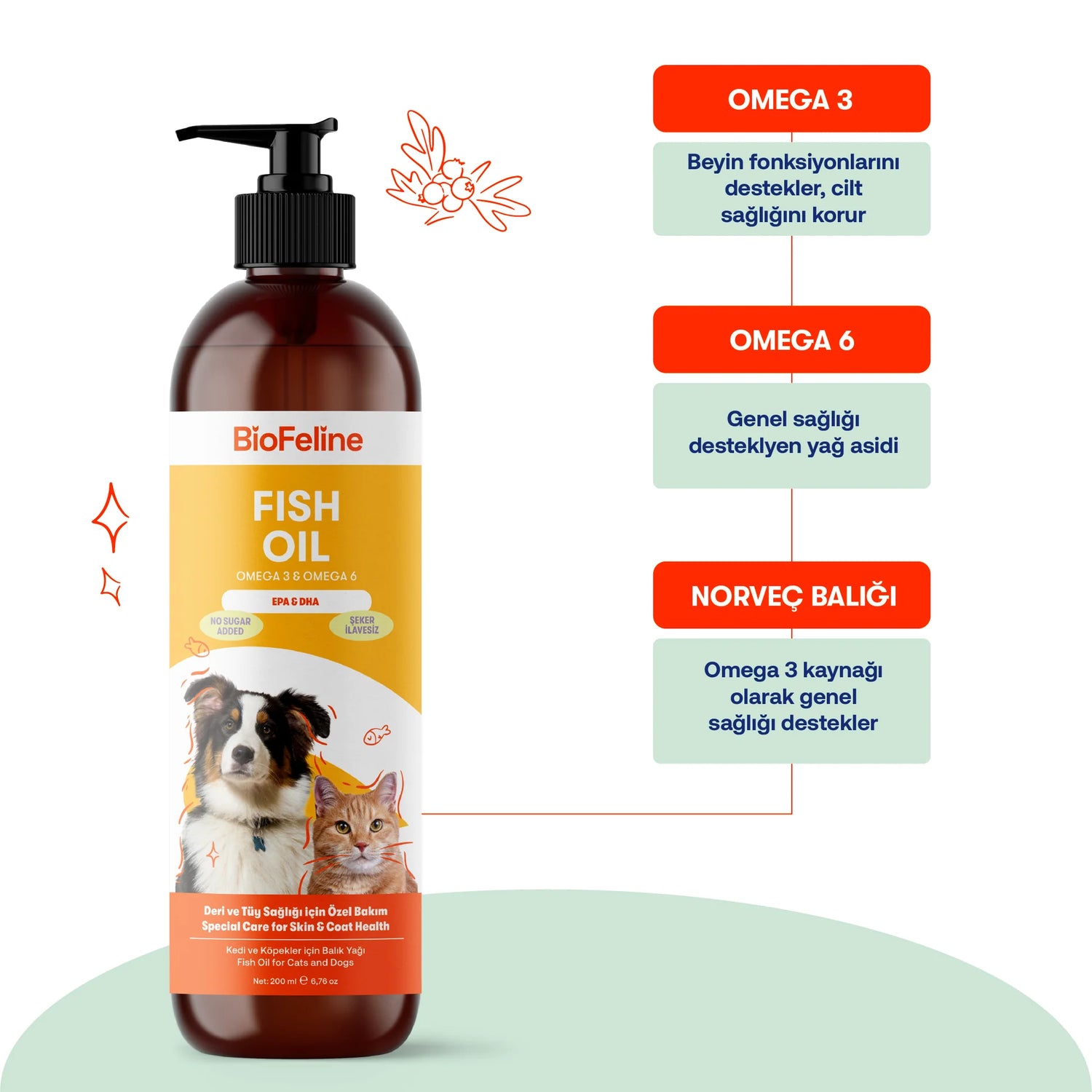 Biofeline Kedi & Köpekler İçin Omega 3-6 Somon Yağı | Tüy Dökülmesine ve Kalp Sağlığına Destek | 200ml