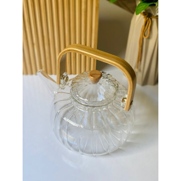 Ahşap Saplı Cam Çizgili Demlik