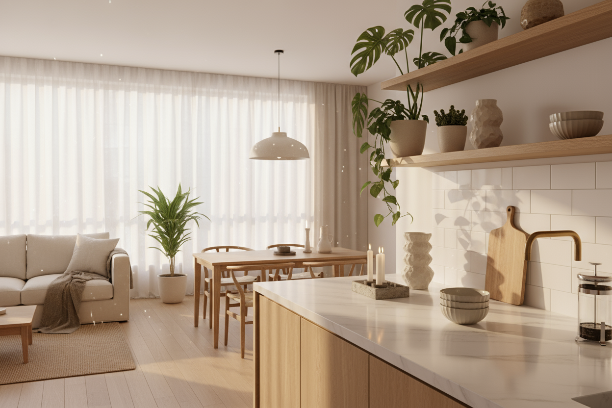 Bir oturma odası veya mutfak dekoru; bitkiler, küçük ev gereçleri, dekoratif objeler. Işıklı doğal atmosfer.