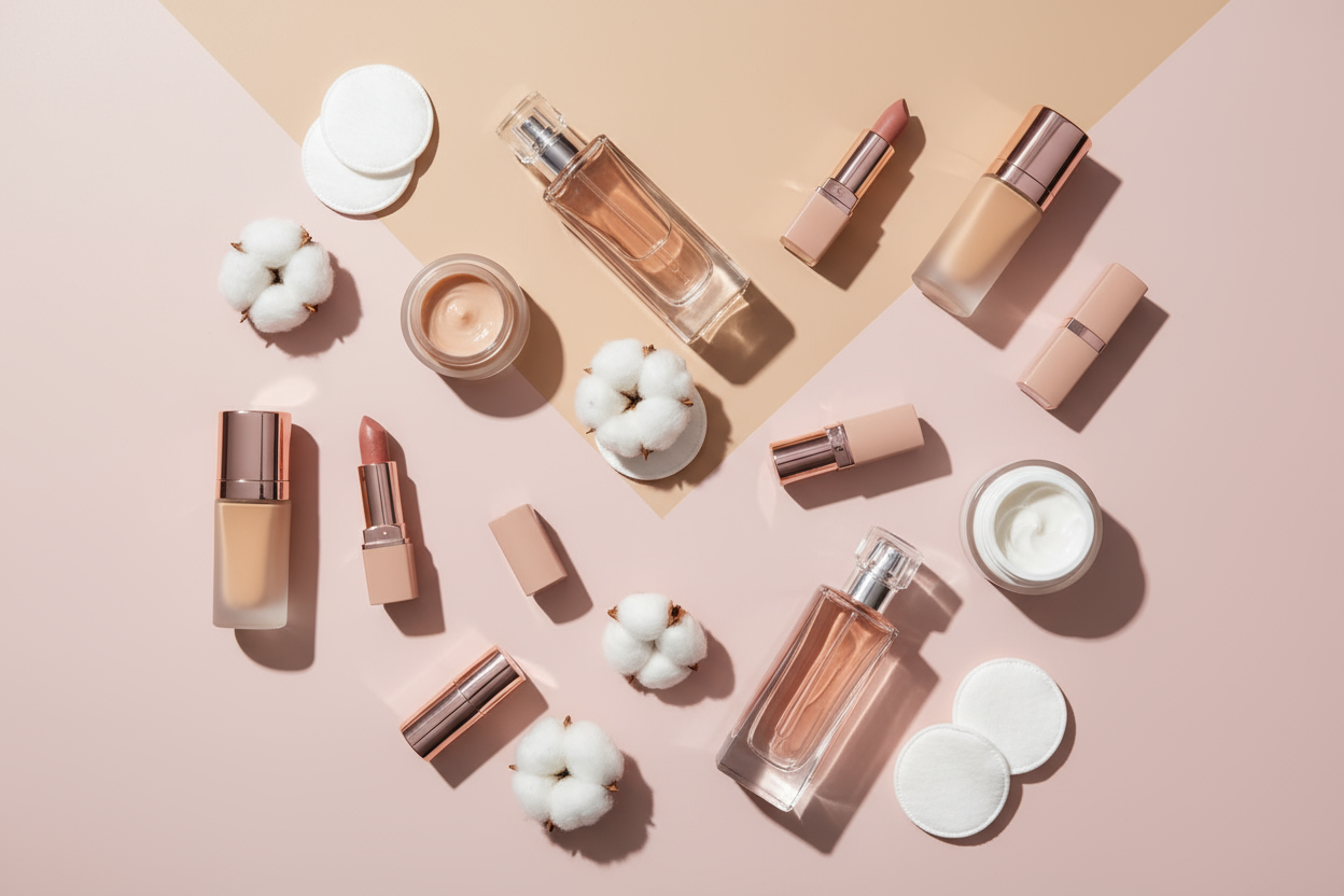 Fondöten, ruj, parfüm, cilt bakım ürünleri ve pamuk tonlarında bir masa düzeni. Arka plan soft pembe veya bej tonları.
