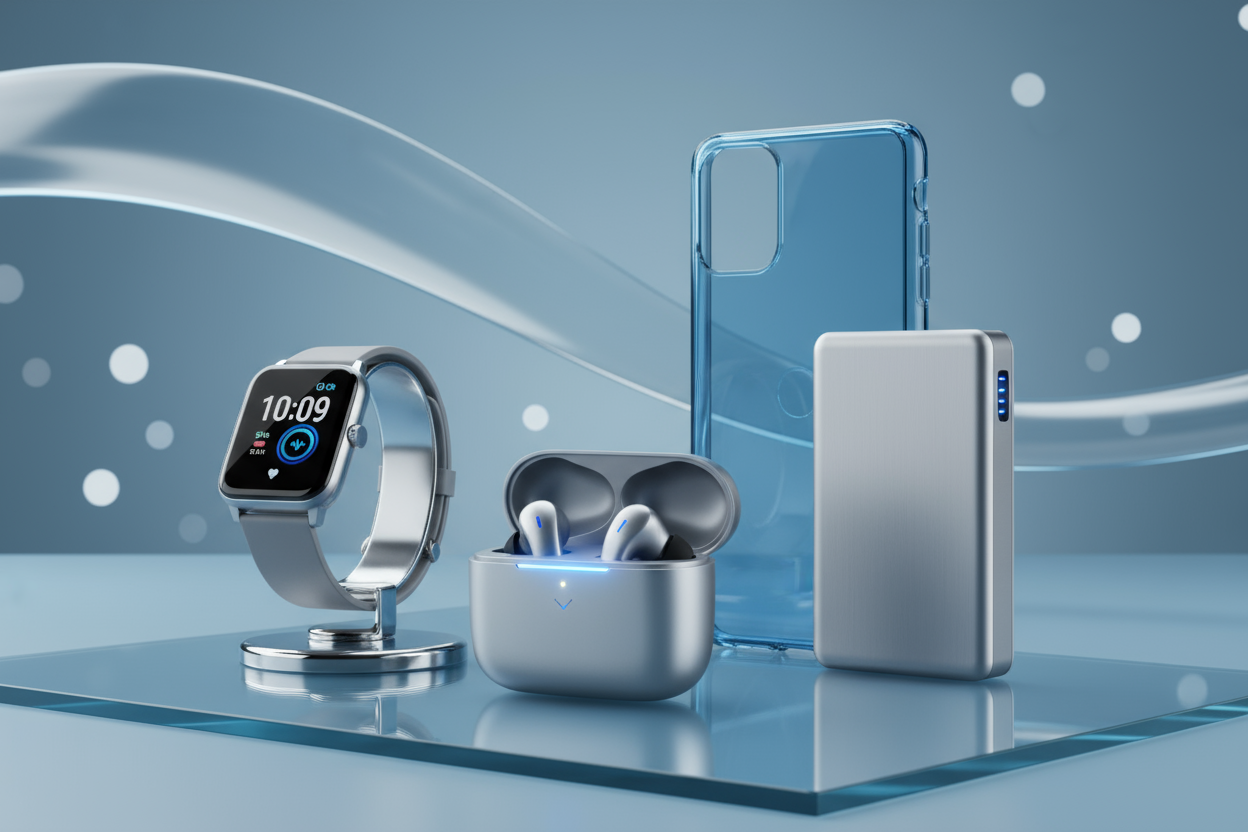 Kablosuz kulaklık, akıllı saat, powerbank ve telefon kılıfı gibi aksesuarlar; arka planda hafif ışık efektleri, mavi-gümüş tonları.
