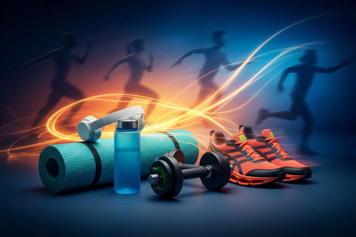 Spor matı, dambıl, su matarası, kulaklık, koşu ayakkabısı; hareket hissi veren arka plan (örneğin ışık geçişleri veya spor yapan siluet).
