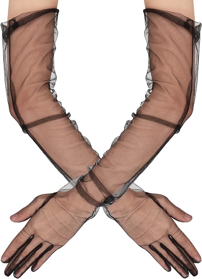 Uzun Boy Likralı Siyah Yetişkin Mega Tül Eldiven